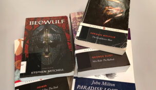 Books by some of the authors listed in the Classic Learning Test’s author bank. Two-thirds of the passages on the standardized test are drawn from that list. (Todd Wallack/The Washington Post)