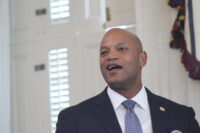 Gov. Wes Moore speaks at a bill-signing ceremony on April 14, 2026. (Hannah Gaskill/The Daily Record)