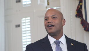 Gov. Wes Moore speaks at a bill-signing ceremony on April 14, 2026. (Hannah Gaskill/The Daily Record)