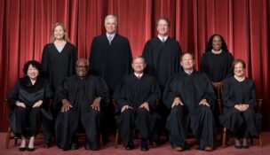 This formal group photograph of the Supreme Court was taken June 30, 2022 after Justice Ketanji Brown Jackson joined the court. Seated from left are Justices Sonia Sotomayor, Clarence Thomas, Chief Justice John G. Roberts, Jr., and Justices Samuel A. Alito and Elena Kagan. Standing from left are Justices Amy Coney Barrett, Neil M. Gorsuch, Brett M. Kavanaugh, and Ketanji Brown Jackson. (USA TODAY Network via Reuters Connect)