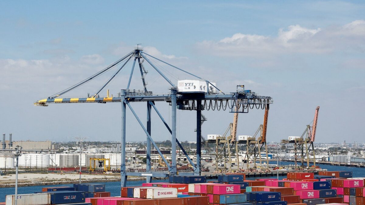 Shipping containers are stacked at a terminal at the port of Los Angeles in Long Beach, California, March 10, 2026. (REUTERS/Caroline Brehman/File Photo)