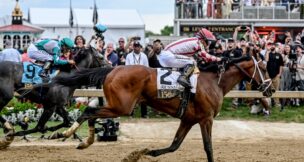 Journalism (2) with Umberto Rispoli up defeats Gosger (9) with Irad Ortiz Jr. up to win the running of the 150th Preakness stakes in Baltimore on May 17, 2025. (Tommy Gilligan-Imagn Images via USA TODAY Network)
