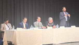 Will Jawando speaks at a Riderwood Village forum April 15, 2026, with the five Democrats running for county executive, from left, Mithun Banerjee, Andrew Friedson, Evan Glass, Peter James and Jawando. (Photo by William J. Ford/Maryland Matters)