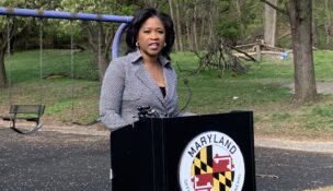 Maryland Secretary of the Environment Serena McIlwain speaks about a settlement between the state and the operators of a Woodberry broadcast tower sued over lead paint contamination. (Dan Belson/The Daily Record)