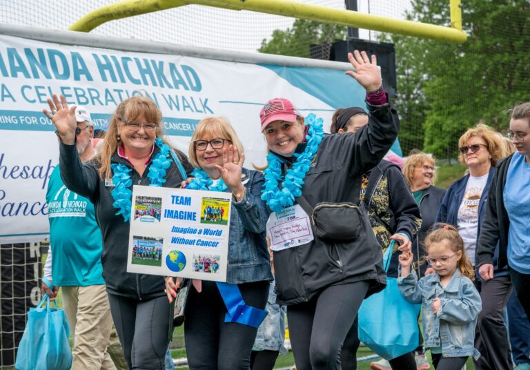 Chesapeake Cancer Alliance volunteers Mimi Maliszewski, Carol Mallon and Michelle Karczeski participate in the 13th Annual Amanda Hichkad CCA Celebration Walk May 9, raising funds for Cancer LifeNet. (Photo by Alex Kruger)