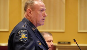 Harford County Sheriff Jeffrey Gahler, the lead plaintiff in the lawsuit challenging the Community Trust Act, testifies Jan. 22 before the Senate Judicial Proceedings Committee. (Photo by William J. Ford/Maryland Matters)