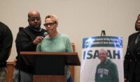 Karyn Kirby calls on the East Lansing Police Department for transparency on May 12, 2026, during a news conference at Union Missionary Baptist Church in Lansing. Her son, 21-year-old Isaiah Kirby, was shot and killed by police in East Lansing in April. Also pictured are Rev. Kenny Craig, left, and the family's attorney Teresa Caine Bingman, right. (USA TODAY Network via Reuters Connect)