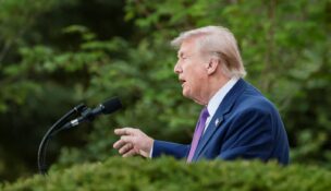 President Donald Trump delivers remarks as he hosts his second 'Rose Garden Club' dinner in honor of Police Week at the White House in Washington on May 11, 2026. (REUTERS/Evelyn Hockstein)