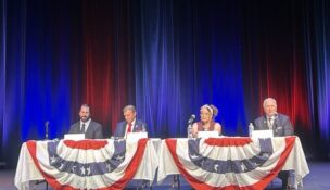Republican gubernatorial candidates Douglas Larcomb, John Myrick, Shannon Wright and L.D. Burkindine participate in a debate hosted by the Prince George’s County Republican Central Committee on May 19, 2026. (Hannah Gaskill/The Daily Record)