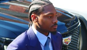 NFL wide receiver Stefon Diggs arrives at the Dedham District Court in Massachusetts ahead of jury selection on May 4, 2026. (USA TODAY Network via Reuters Connect)