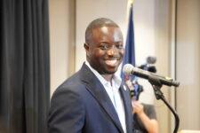 Del. Adrian Boafo speaks to supporters after being projected the winner of the Democratic primary for Maryland’s 5th Congressional District on Tuesday, June 23, 2026. He’ll face Republican Chris Chaffee in November. (Photo by William J. Ford)