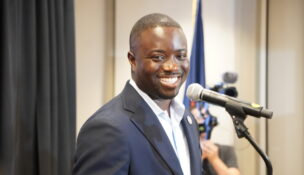 Del. Adrian Boafo speaks to supporters after being projected the winner of the Democratic primary for Maryland’s 5th Congressional District on Tuesday, June 23, 2026. He’ll face Republican Chris Chaffee in November. (Photo by William J. Ford)