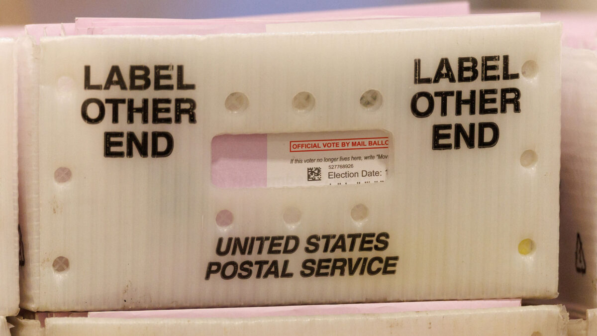 Mail-in ballots are shown in a U.S. postal box at the Los Angeles County Ballot Processing Center in the city of Industry, California, October 29, 2024. (REUTERS/Mike Blake)