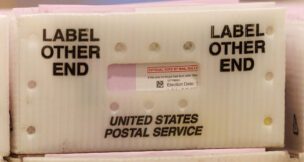Mail-in ballots are shown in a U.S. postal box at the Los Angeles County Ballot Processing Center in the city of Industry, California, October 29, 2024. (REUTERS/Mike Blake)