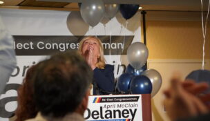 U.S. Rep. April McClain Delaney (D-6th) speaks to supporters at a watch party at the Holiday Inn in Gaithersburg, Maryland, on Tuesday, June 23, 2026. (Photo by Danielle J. Brown/Maryland Matters)