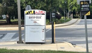A mail-in voting drop box is seen near the early voting site at Towson University in June 2026. (Patrick Brannan/The Daily Record)