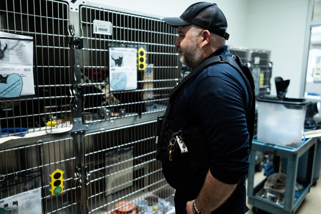 Montgomery County animal services officer Ryan Jesien usually works 10- to 12-hour shifts about three to five times a week. (Tierney L. Cross/For The Washington Post)