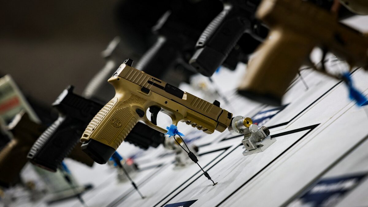 Pistols are displayed during the National Rifle Association annual meeting in Atlanta on April 25, 2025. (REUTERS/Jeenah Moon)