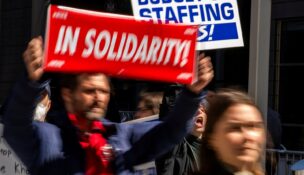 People attend a rally in support of federal workers outside the 26 Federal Plaza, a federal office building in New York City on March 25, 2025. (REUTERS/Eduardo Munoz)