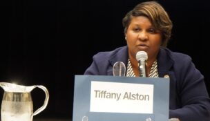 Del. Tiffany Alston (D-Prince George’s) gives remarks during a candidate forum May 12. (Photo by William J. Ford/Maryland Matters)