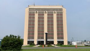Empire Towers, a 10-story Glen Burnie office building that houses several law firms and medical offices, on July 16, 2026, a week after it was condemned as unsafe.