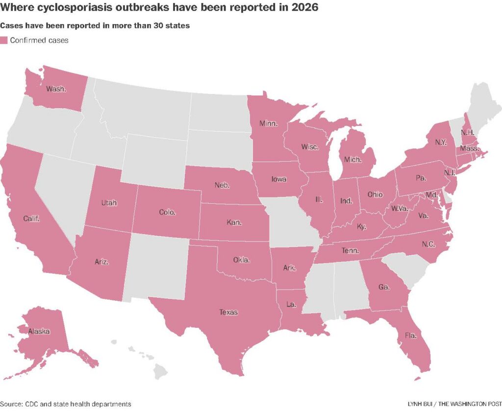 Where cyclosporiasis outbreaks have been reported in 2026. (Washington Post graphic)