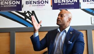 Maryland Gov. Wes Moore, who supports Jocelyn Benson for governor, talks about child care and small black businesses during a fireside chat at the Morningside Cafe on June 29, 2026, in Detroit. (USA TODAY Network via Reuters Connect)