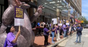 Security workers at the Abacus Corporation who patrol Baltimore's Harbor East neighborhood walked off the job Friday in their second unfair labor practice strike of the year.