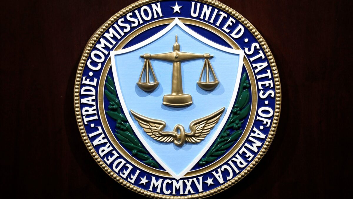 Federal Trade Commission seal is seen at a news conference at the FTC headquarters in Washington on July 24, 2019. (REUTERS/Yuri Gripas)