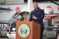 Gov. Wes Moore delivers the keynote address at the University of Maryland Eastern Shore Aviation Maintenance Technician program’s graduation ceremony on Aug. 13, 2026. (Office of Gov. Wes Moore)