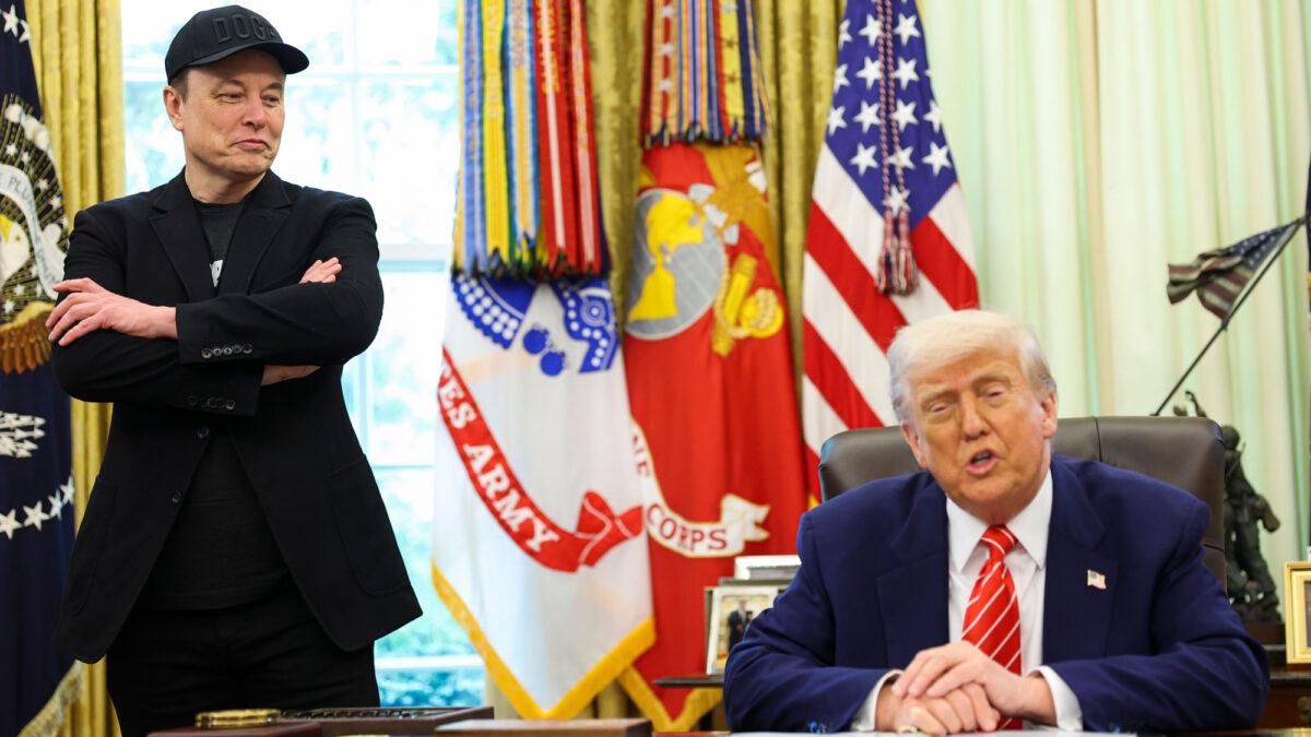 President Donald Trump and Elon Musk hold a news conference to mark the end of the Tesla CEO’s tenure as a special government employee overseeing the U.S. DOGE Service in May 2025. (Tom Brenner/For The Washington Post)