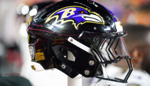 A general view of a Baltimore Ravens helmet against the Kansas City Chiefs during the first half at GEHA Field at Arrowhead Stadium. (Denny Medley/Imagn Images)