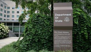 A general view of a sign outside the U.S. State Department building in Washington, D.C., on July 11, 2025. (REUTERS/Annabelle Gordon)