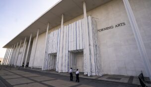 Scaffolding and tarps outside the Kennedy Center in Washington in June. (Al Drago/For The Washington Post)
