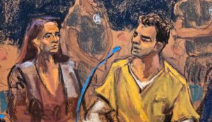 Luigi Mangione sits beside defense lawyer Karen Friedman Agnifilo as he allocutes during a hearing in his federal murder trial at Manhattan Criminal Court in New York City on Aug. 14, 2026, in this courtroom sketch. Luigi Mangione admitted in court on Friday to killing UnitedHealthcare CEO Brian Thompson and pleaded guilty to federal charges of stalking the executive with the intent to kill him. (REUTERS/Jane Rosenberg)