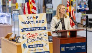 Comptroller Brooke E. Lierman hosted a press conference on July 15, 2026, at Beltway Plaza Mall in Greenbelt to announce the Maryland Shop Tax-Free Week and to launch a video contest where Marylanders can enter to win prizes for creating promotional videos. (USA TODAY Network via Reuters Connect)