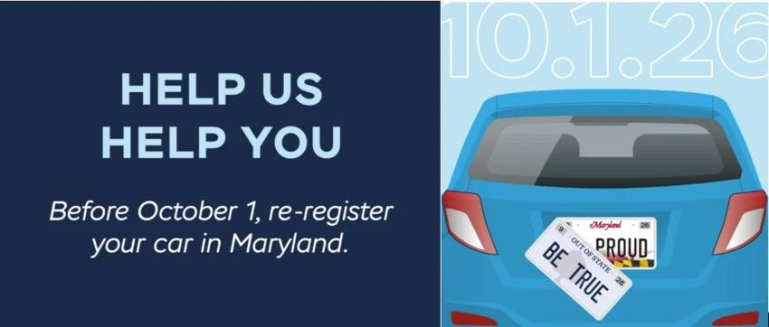 Maryland launched its "Plate Where You Live" campaign in the summer of 2026 to raise awareness about new penalties taking effect Oct. 1, 2026, for residents whose vehicles will still have out-of-state tags. (USA TODAY Network via Reuters Connect)