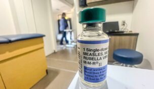 A one-dose bottle for measles, rubella virus, M-M-R II, from The South Carolina Department of Public Health Mobile Health Unit, with two administrators and two nurses help people get different vaccinations, including for measles. (USA TODAY Network via Reuters Connect)