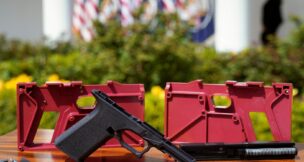 Parts of a ghost gun kit are on display at an event held by President Joe Biden to announce measures to fight ghost gun crime, at the White House in Washington on April 11, 2022. (REUTERS/Kevin Lamarque/File Photo)