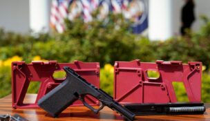Parts of a ghost gun kit are on display at an event held by President Joe Biden to announce measures to fight ghost gun crime, at the White House in Washington on April 11, 2022. (REUTERS/Kevin Lamarque/File Photo)