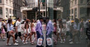 People walk on Fifth Avenue in New York City on Aug. 7, 2025, as President Trump’s new tariffs are imposed. (REUTERS/Adam Gray)